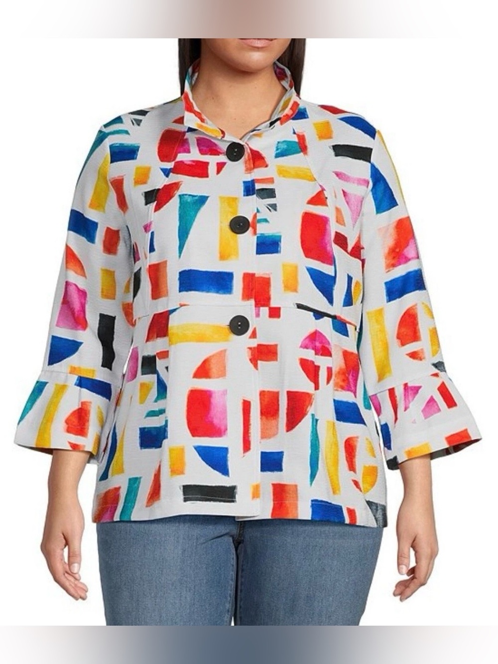 Ali Miles Women’s Size 1X Multicolor and White Abstract Button Front Jacket
